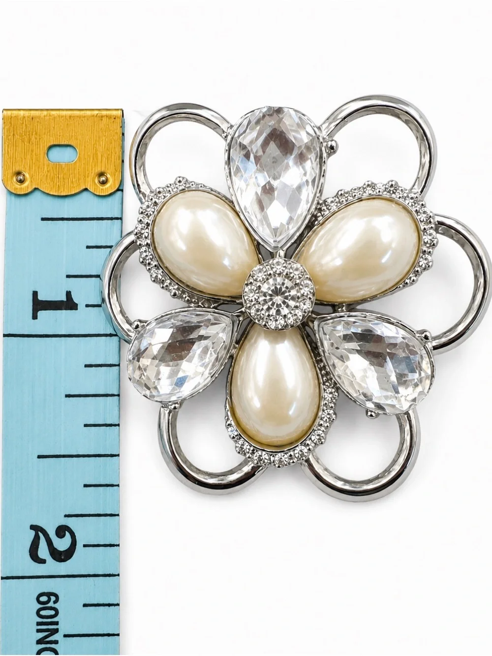 Vintage Silver Tone Faux Pearl & Crystal Flower‎ Brooch Pin Floral Statement 2”